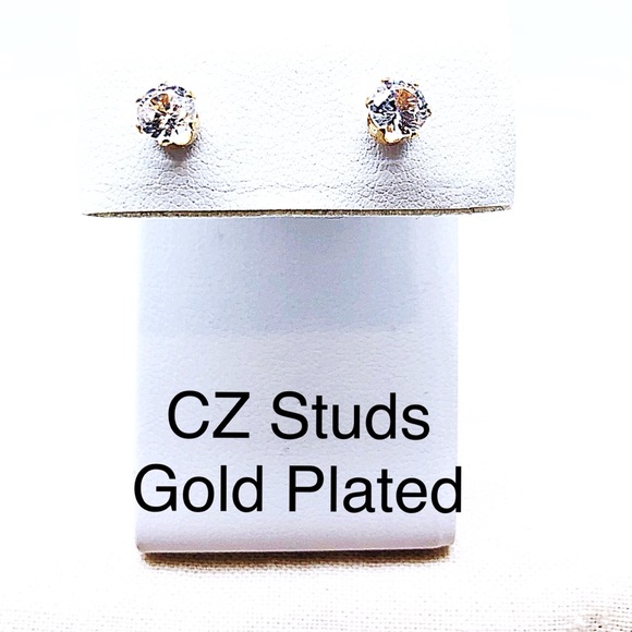 Round CZ 6mm Studs Gold Plated, Sterling Silver Posts & Backs - Picture 1 of 6